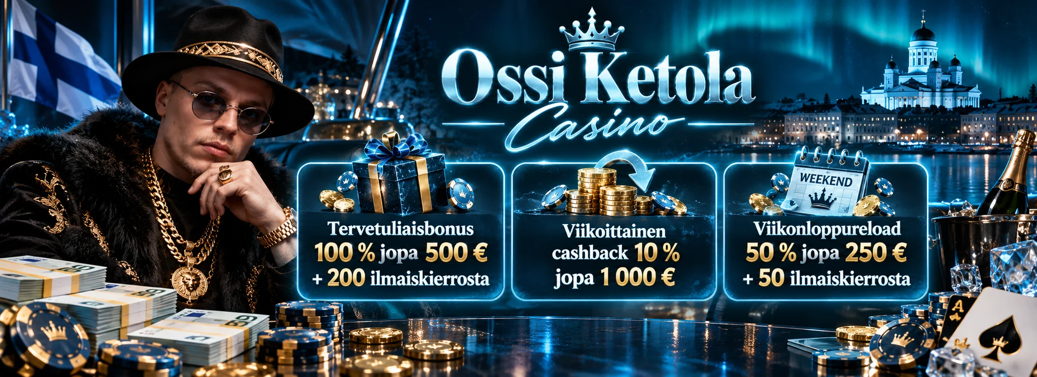 Ossi Ketola Casinon tervetuliaisbonus 100 % jopa 500 € ja 200 ilmaiskierrosta